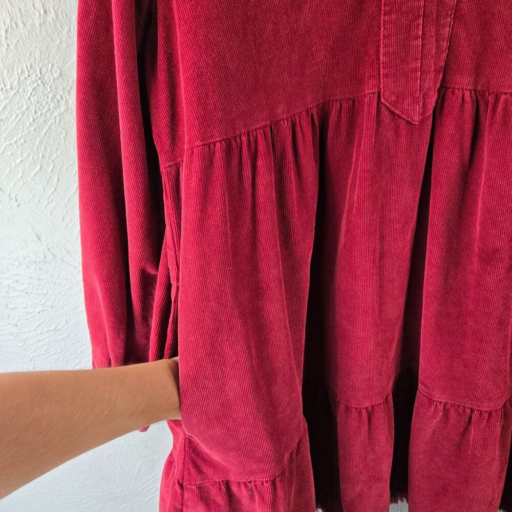 Umgee Tiered Dress Lrg Red Corduroy Boho Peasant Western Relaxed Fit Mini Shift - Picture 8 of 14